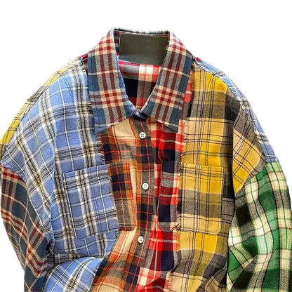 🍒Women's checkered collared  shirt spliced long sleeve shiirt Y2K american streetwear aesthetic college 2000s top retro shirt casual clothing Get Your Neck In A check