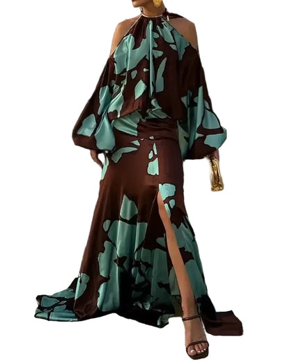 🍒Elegant evening dresses vacation style outfits printed off shoulder with slits party evening wear fashion clothing for women Look Sound In Aqa Brown Gown