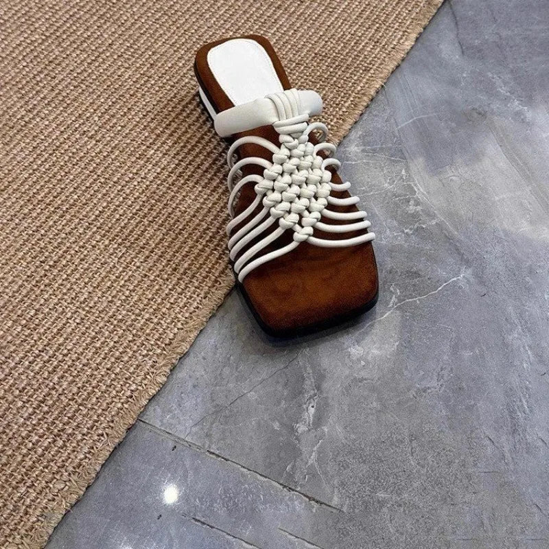 🍒String sandals woven strap slipper shoes summer square toe sandels woven non-slip wear-resistant low heel shoes for women