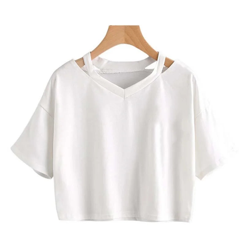 🍒Solid colour open shoulder t-shirt hollow solid colour tee v-neck women's short sleeve tops tank