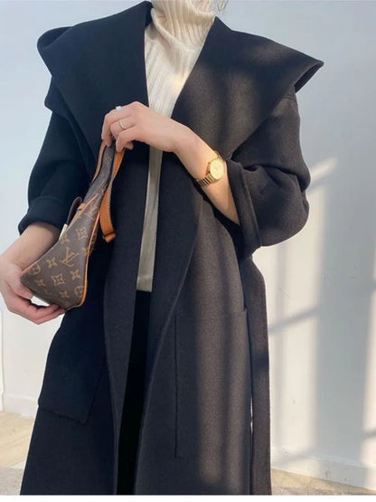 🍒Loose winter coat women solid over coat for women wool hooded coats trendy outerwear oversize vintage female elegant sash and pocket warm street fashion Wrap This Up