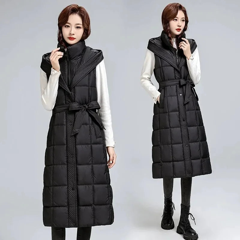 🍒无袖羽绒服女长款外套马甲秋冬连帽长款夹克羽绒填充马甲女冬时尚Get Down With Puffers