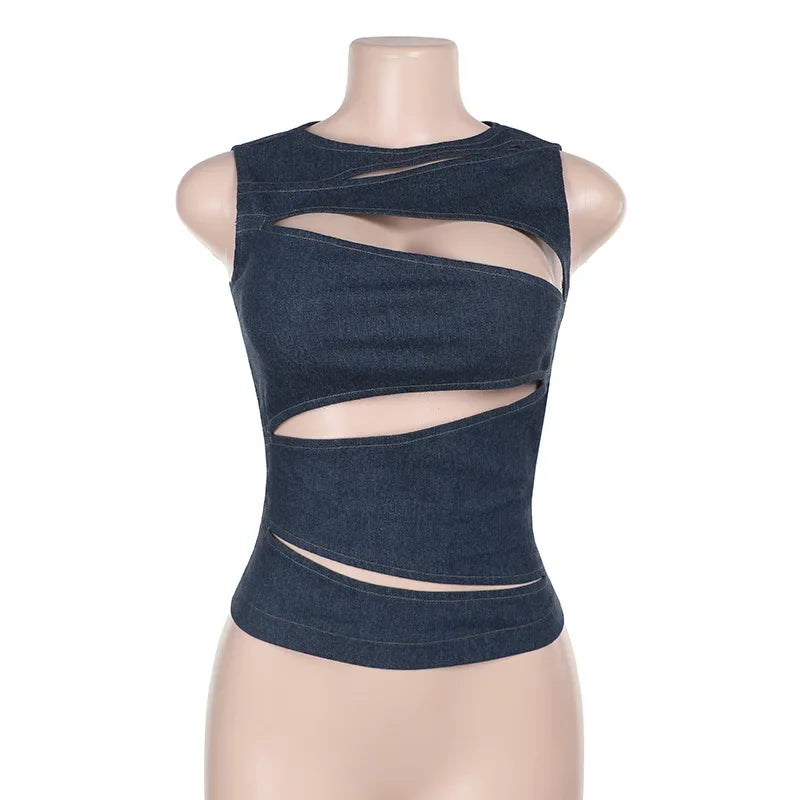 🍒Rond-nek moulose denimhempie met soliede kleur, korter snit en uitsny – somerdrag vir vroue se nuwerwetse mode