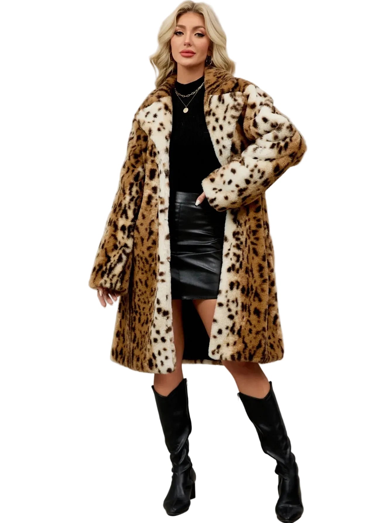 🍒Faux fur coat leopard long Jacket with lapel animal print outerwear fashion long sleeve overcoat women single breasted straight fit smart casual autumn winter wear Animate Your Style
