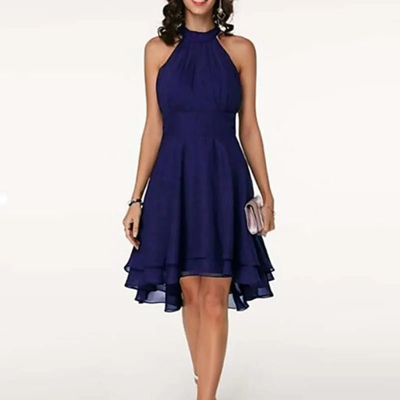 🍒Elegant summer dresses solid high waist halter sleeveless midi ladies high low outfit layered chiffon occasion party wear No Need To Look High And Low For This High Low