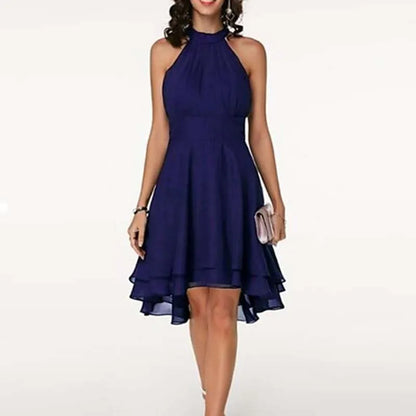 🍒Elegant summer dresses solid high waist halter sleeveless midi ladies high low outfit layered chiffon occasion party wear No Need To Look High And Low For This High Low