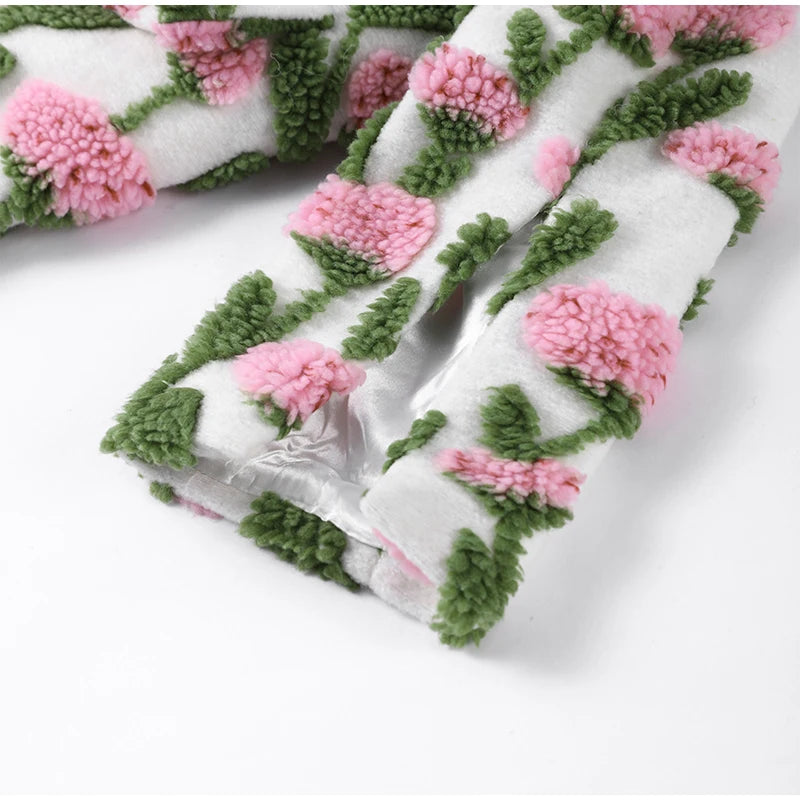 🍒Flower fleece jacket woman loose lapel long sleeve coat single breasted casual coat unique 3D floral outerwear clothing  Floral Fashion Fun Fleece