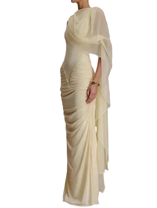 🍒Mesh draped dress solid color outfits o/neck high waist chiffon evening gowns occasion wear maxi shawl dress  Rome-mantic
