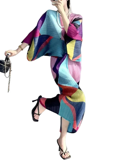 🍒Pleated batwing sleeves dress for women's high end fashion and relaxed printed v-neck holiday wear party occasion plisse clothing multi colour outfit Bag A Batwing