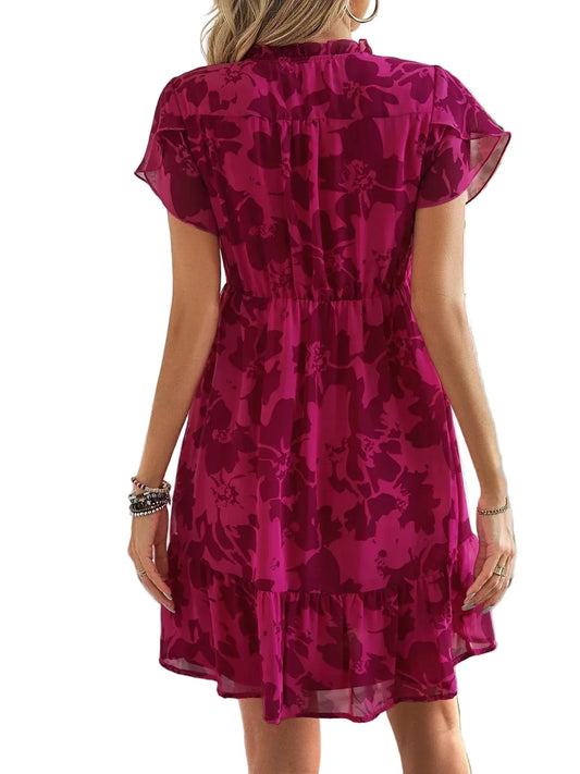 🍒Dresses Spring/Summer luxury style flutter short sleeved outfit women above knee v-neck dress a line short floral clothing smart casual beach holiday wear Don’t Flutter Buy This Pretty Outfit