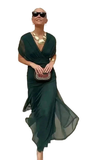 🍒春夏印花V领网纱露肩连衣裙，百搭派对度假婚宴装，女士商务休闲雪纺晚礼服，纯色淑女服饰 潮爆了 露肩