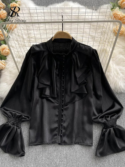 🍒高品质缎面衬衫 宽松泡泡袖喇叭袖荷叶边衬衫 派对服 串珠上衣 女式柔美通勤装 少女珍珠