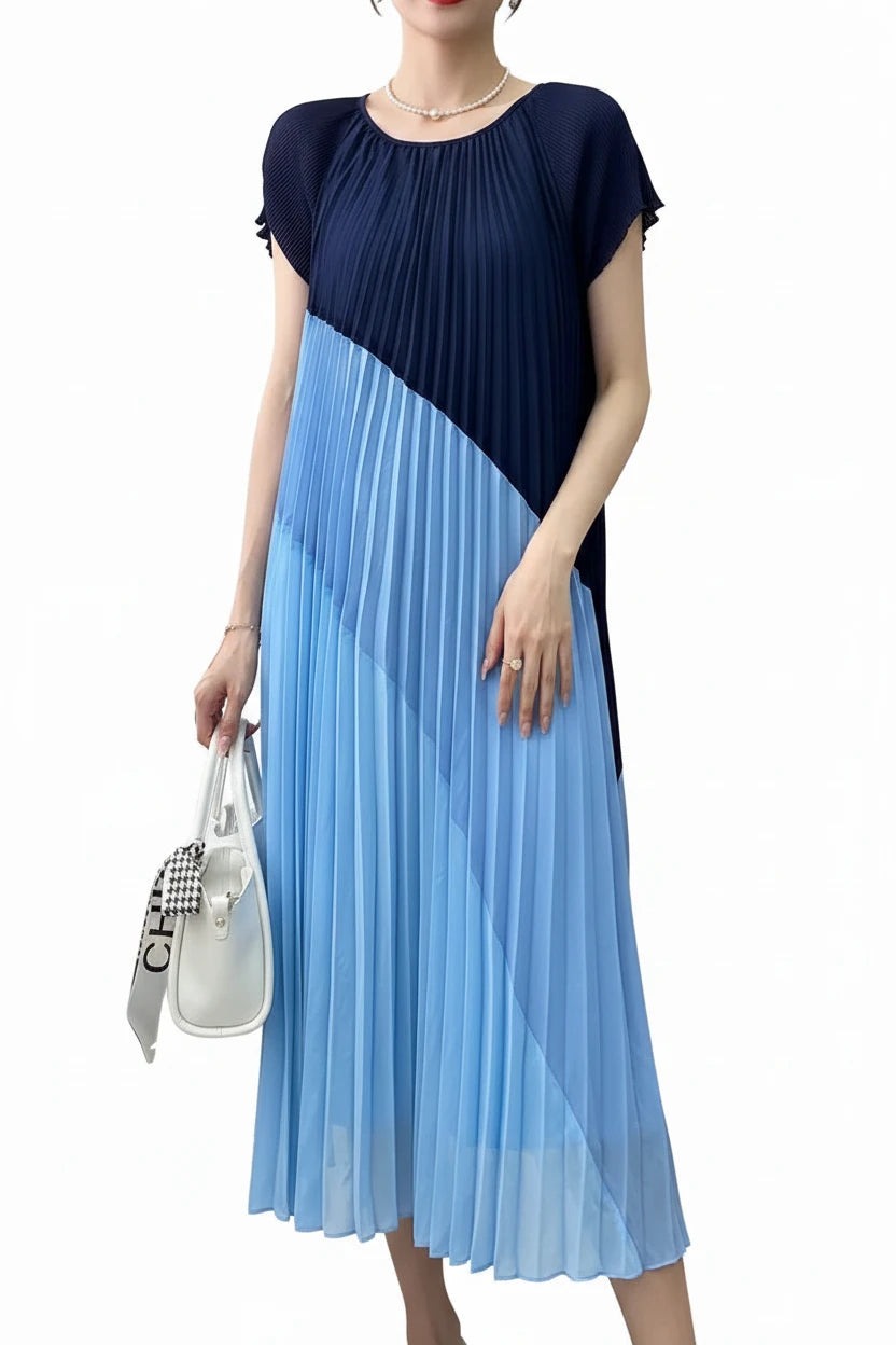 🍒Mid length dresses for women casual outfit short sleeve smart three-residence series round neck clothes fashion pleated loose waist summer wear Angle To A Diagonal