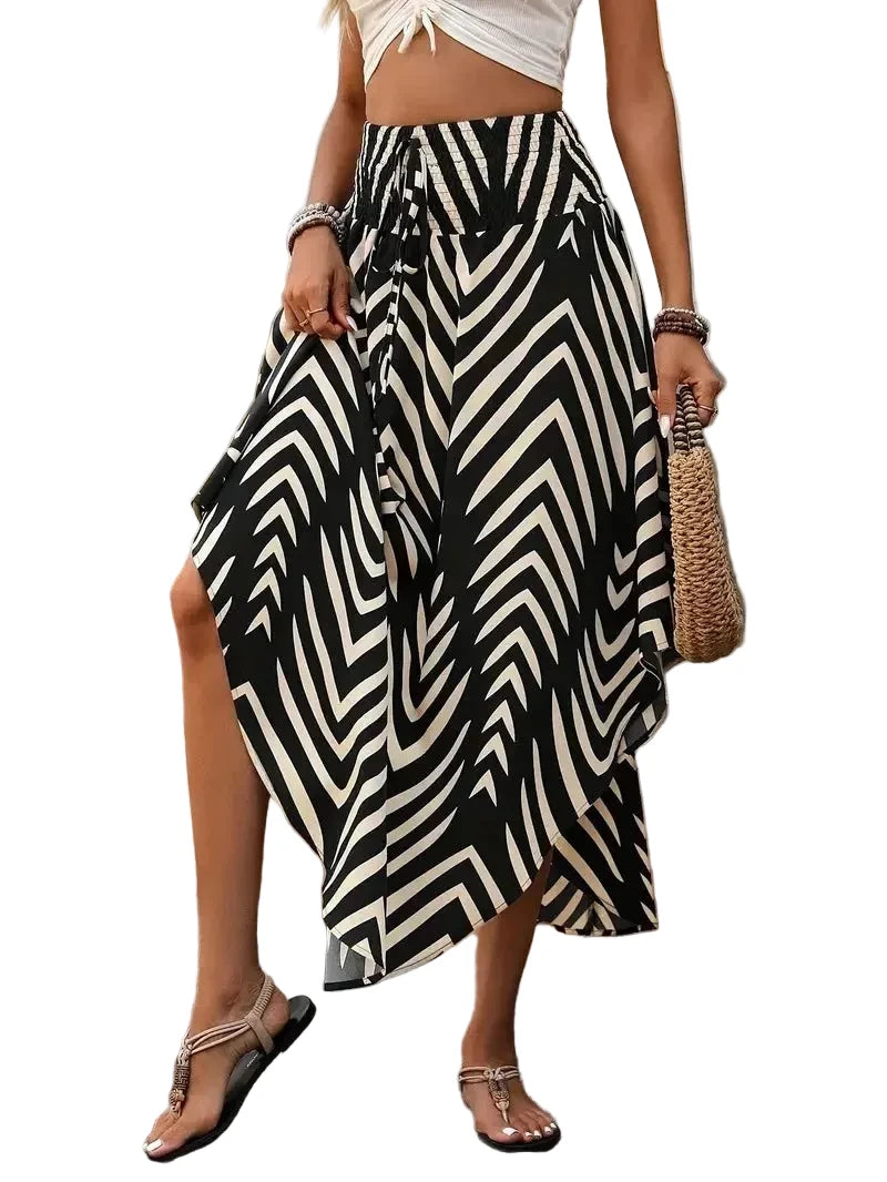 🍒Boho vintage romp a-lyn midi blommetjie-druk klere mode drag vir vroue somer drag Hoë middellyf Geplooide elastiese middellyf Lang Romp gemaklike vakansie drag Kry 'n Chiffon en Kry 'n Chevron