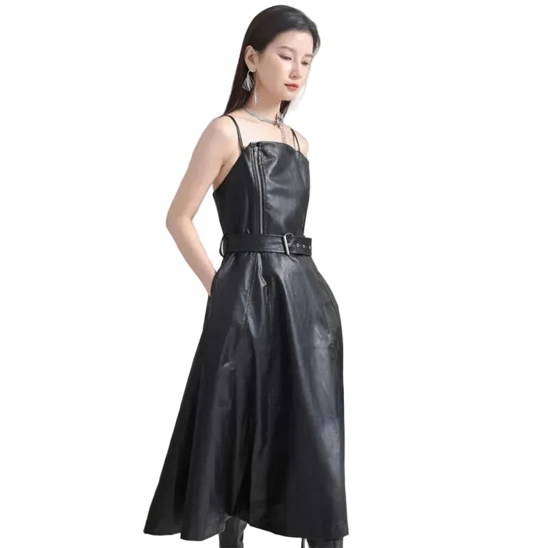 🍒Black faux leather dress spaghetti strap pu outfit with zip front sleeveless belted midi a-line dress party occasion wear sleeveless wear for women Like A Biker