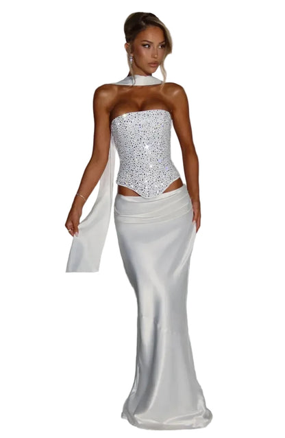 🍒Sequins top and skirt set womens shiny scarf collar with sparkly bodice top with lace up back and satin maxi skirt with fish tail elegant occasion wear club party skirt matching set