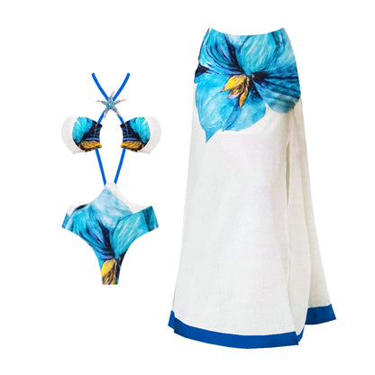 🍒Eenstuk-swemdrag-strandklere met koraal- en skulpafdruk bikini- en sarongstel strandklere vir vroue Sea Sure Set