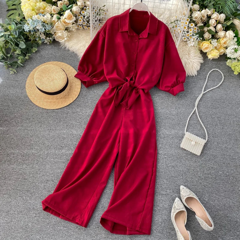 🍒Two piece clothing sets high waisted jumpsuit smart casual women and short sleeve blouse crop top female fashion wears  Y2k style clothing Jump On This Suit
