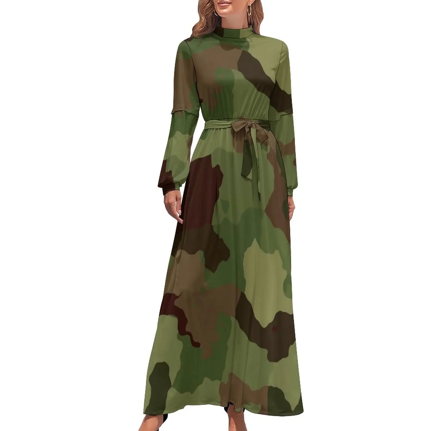 🍒Militêre kamoefleerrok hoë middellyf uitrusting boheemse sjiek langmou maxi stylvolle slim gemaklike klere vroue Camodel Camo