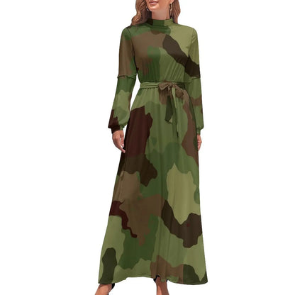 🍒Militêre kamoefleerrok hoë middellyf uitrusting boheemse sjiek langmou maxi stylvolle slim gemaklike klere vroue Camodel Camo
