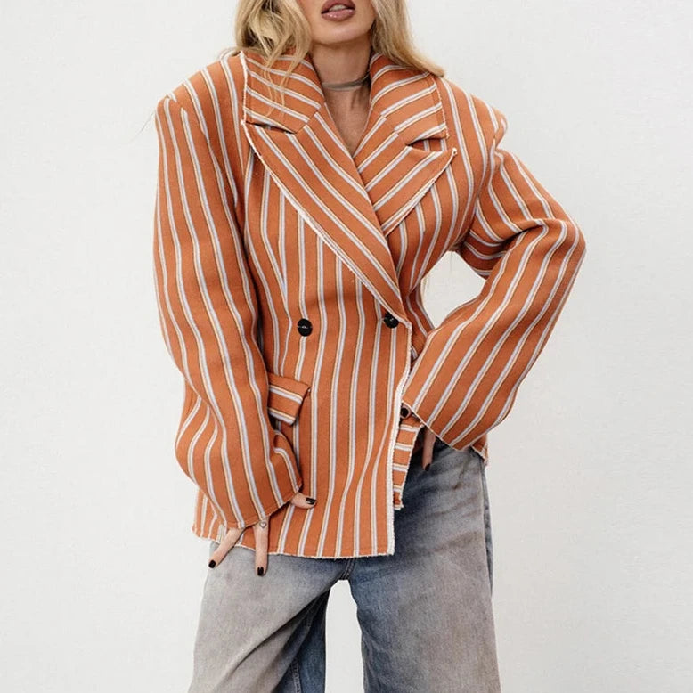 🍒Gestreepte baadjie, volmou-baadjie vir dames met gekerfde lapelkraag, dubbelbors lentejas, mode drag, kantoorklere   Look Sjokolade In Oranje