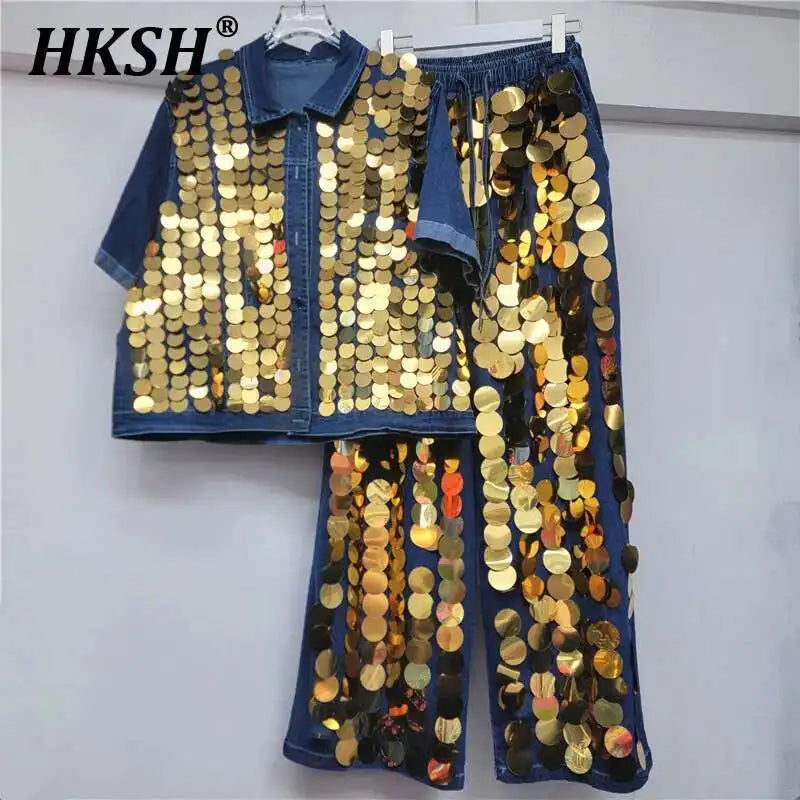 🍒Spring summer women Y2K style niche fashion chic large sequined short sleeve shirt and matching wide leg pants set clubwear party outfit Theirs Gold In Silver