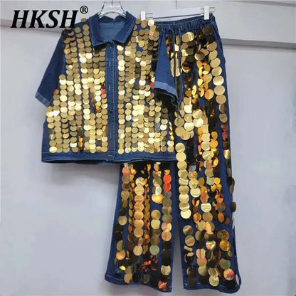 🍒Spring summer women Y2K style niche fashion chic large sequined short sleeve shirt and matching wide leg pants set clubwear party outfit Theirs Gold In Silver