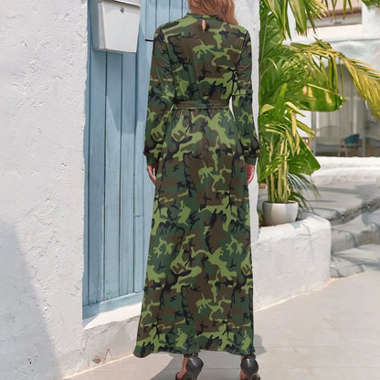 🍒Militêre kamoefleerrok hoë middellyf uitrusting boheemse sjiek langmou maxi stylvolle slim gemaklike klere vroue Camodel Camo