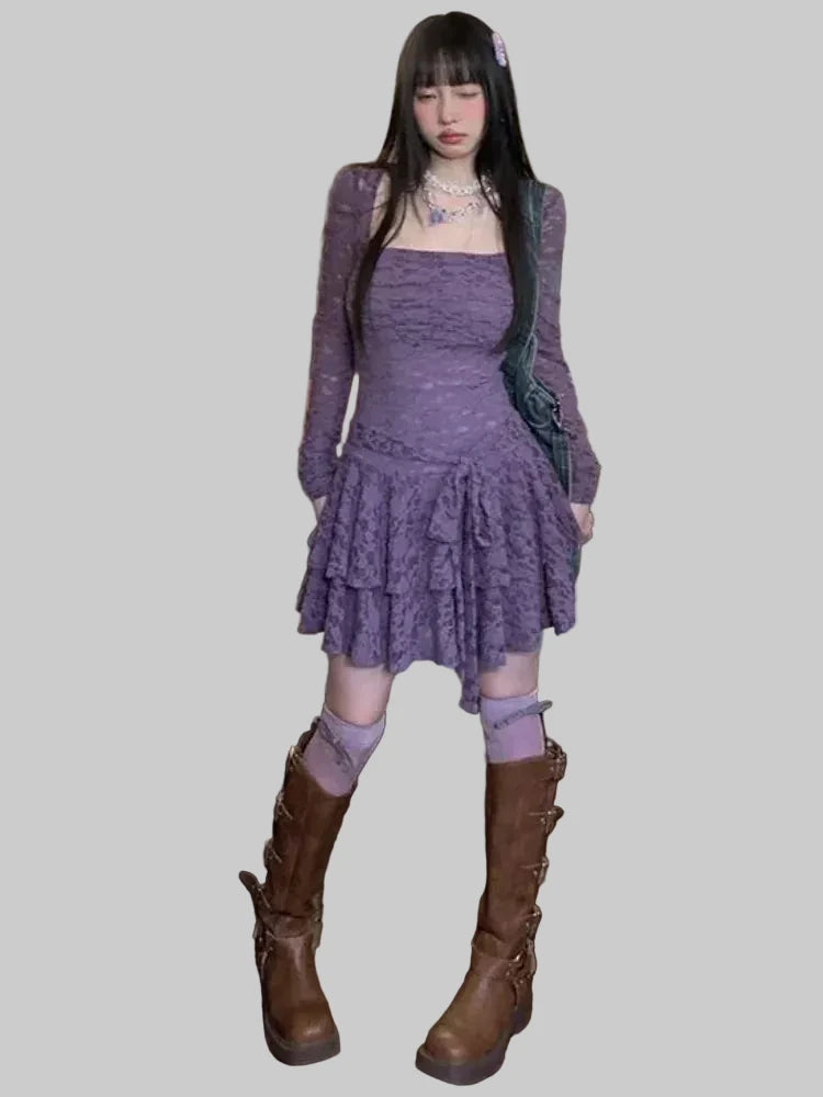 🍒Square neck mini dress solid color lace causal outfit for women  slim waist tunic sleeve Y2k aesthetic fashion summer wear elegant smart casual clothing Get Laced In Purple