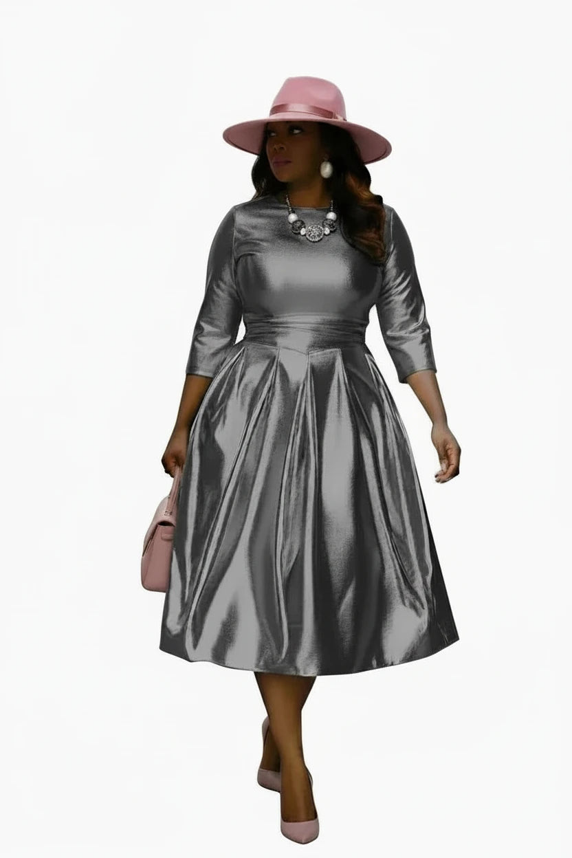 🍒A-lyn blink rok metaal kortmou midi vir vroue plusgrootte uitrusting met pasvorm en wye soom elastiese rok slim gemaklike klere Somer Stunner