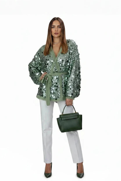 🍒Sequins bow tie jacket party long sleeve fashion short coat womens glitter party wear v-neck female long sleeve loose tops They Will SE'A Green When You Shimmer In This Winner