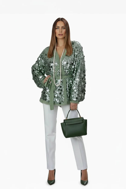 🍒Sequins bow tie jacket party long sleeve fashion short coat womens glitter party wear v-neck female long sleeve loose tops They Will SE'A Green When You Shimmer In This Winner