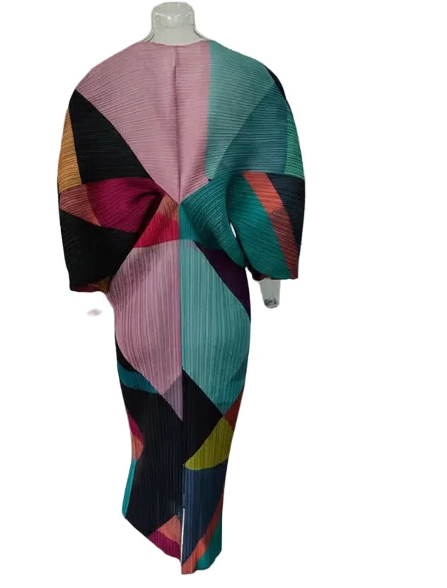 🍒Pleated batwing sleeves dress for women's high end fashion and relaxed printed v-neck holiday wear party occasion plisse clothing multi colour outfit Bag A Batwing