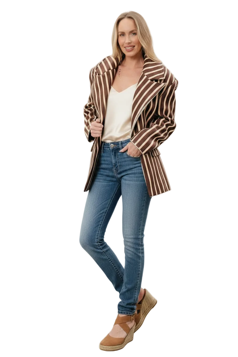🍒Gestreepte baadjie, volmou-baadjie vir dames met gekerfde lapelkraag, dubbelbors lentejas, mode drag, kantoorklere   Look Sjokolade In Oranje