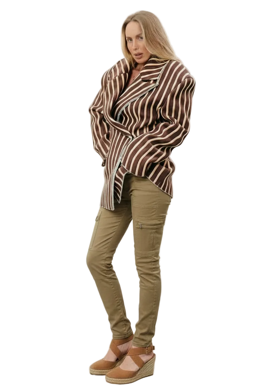 🍒Gestreepte baadjie, volmou-baadjie vir dames met gekerfde lapelkraag, dubbelbors lentejas, mode drag, kantoorklere   Look Sjokolade In Oranje