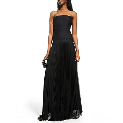 🍒Sleeveless bodice dress shoulderless tube top maxi dress high waist chic pure party gown dress fashion pleated draped long Dress Swoon In A Half Moon