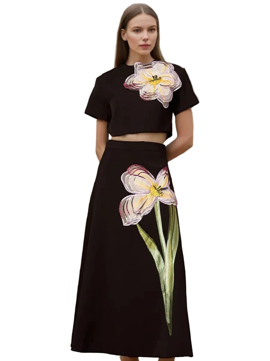 🍒3d flower skirt and top set womens two piece outfits slit back crop top and high waist a-line skirt smart casual wear female Every Body Loves A Flower