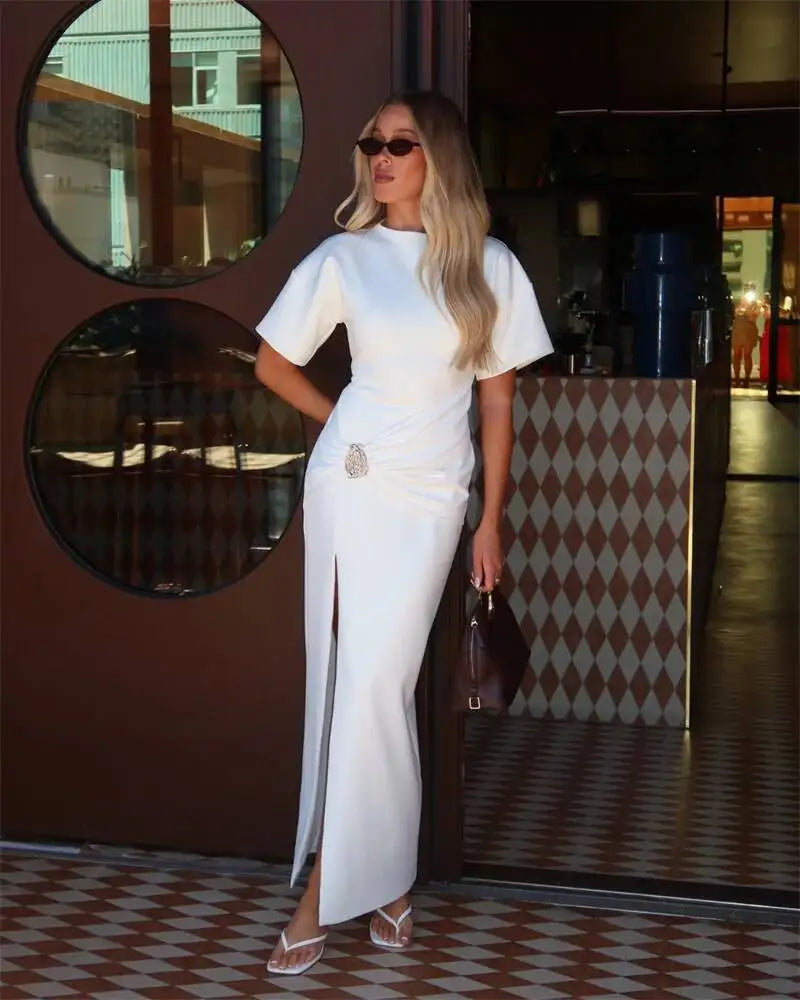 🍒Short sleeve maxi dress  ruched outfit brown women side split occasion dress with belt metal fashion o-neck club party wear occasion white long dresses Paint The Town Red In Brown