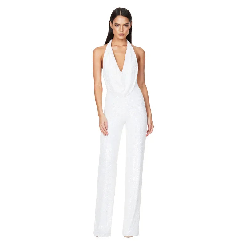 🍒Sleeveless backless jumpsuit Women's  halter one piece outfit with sequins occasion partywear