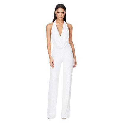 🍒Sleeveless backless jumpsuit Women's  halter one piece outfit with sequins occasion partywear