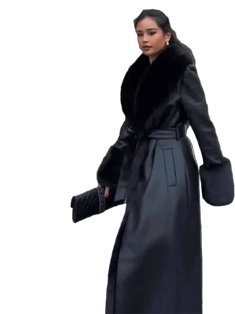 🍒Black faux leather womens coat trench fur coat collar & cuffs fashion belted waist coat long jacket chic streetwear Go On A Poodle Walk