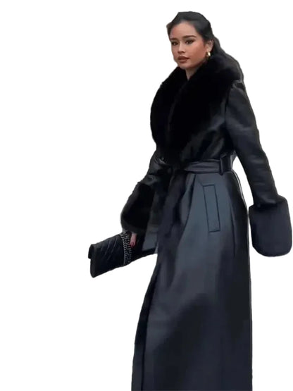 🍒Black faux leather womens coat trench fur coat collar & cuffs fashion belted waist coat long jacket chic streetwear Go On A Poodle Walk