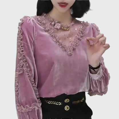 🍒Velvet patchwork blouse sweet womens ruffle top puff sleeve shirt vintage style clothing baroque beading sequin luxury lace fashion wear Move Into mauve
