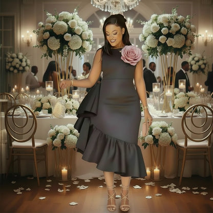 🍒女式夏装 休闲无袖连衣裙 纯色荷叶边裙摆 中长款 不规则派对 生日 婚礼 长款 女性时尚场合 夏季尽显荷叶边魅力
