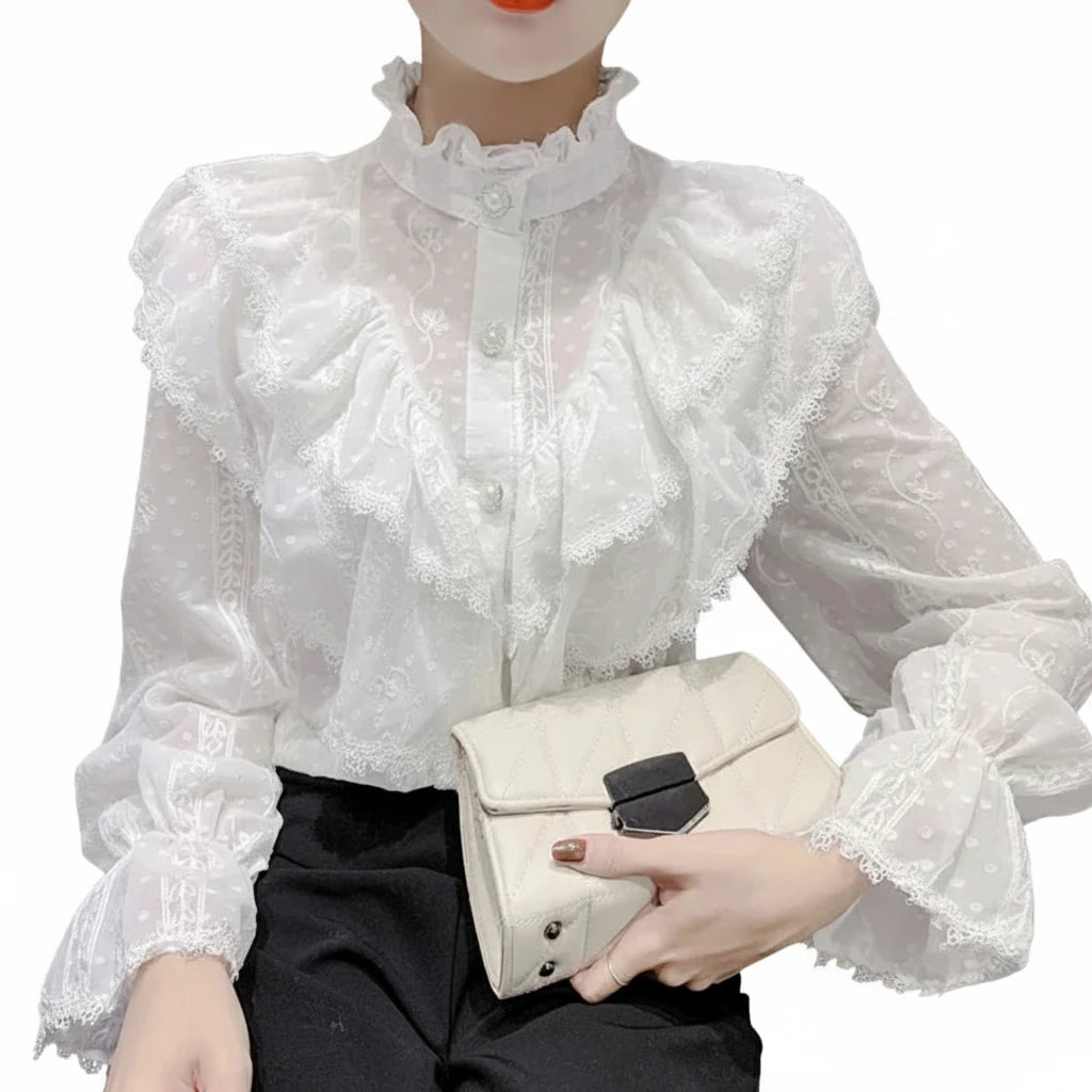 🍒Long sleeve ruffle blouse loose spring fashion button white shirt elegant stand collar top women lace chiffon casual shirt occasion wear Look All 'white In White