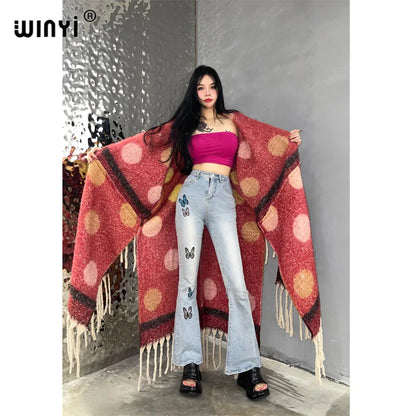 🍒winter coat for women fashion print long outdoor cardigan with  tassels luxury knitted overcoat thick europe warm long knit jacket cardigan Hot Spot