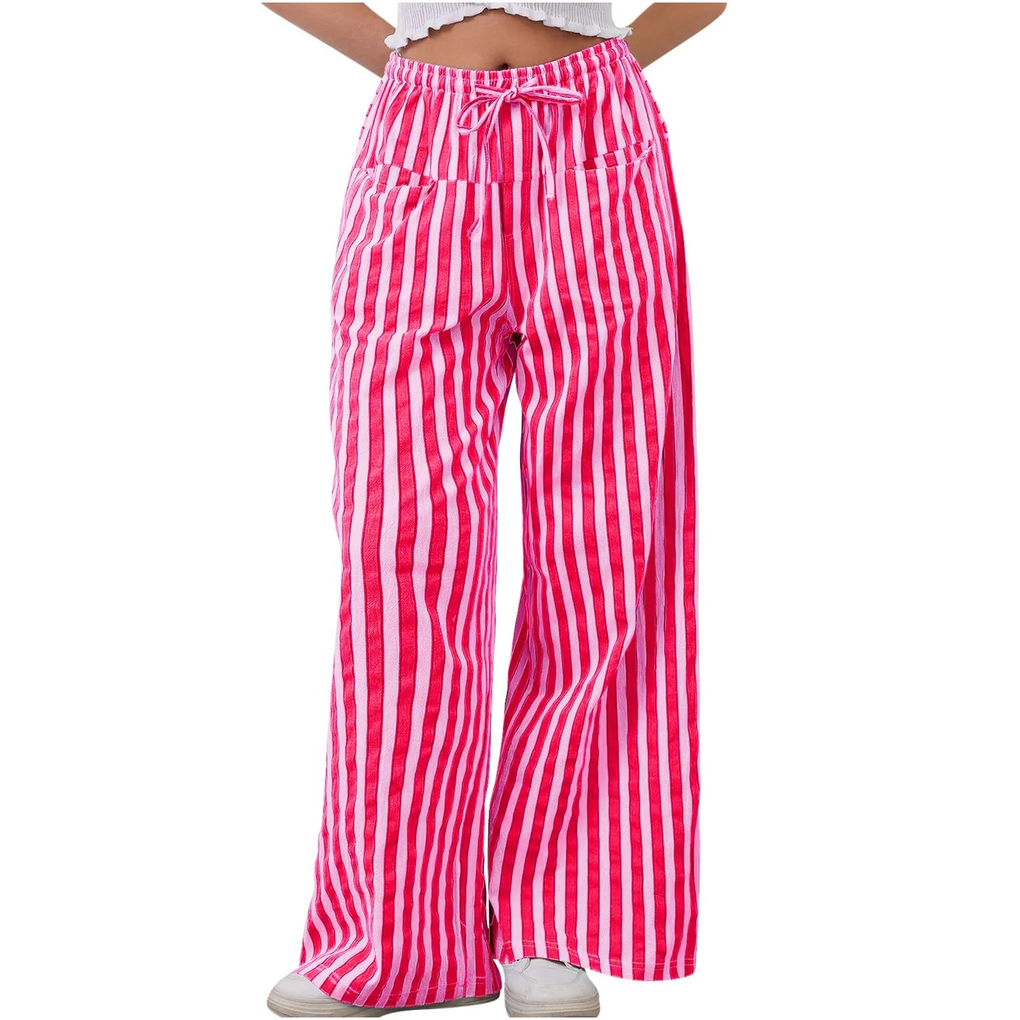 🍒Gestreepte wye been broek hoë middellyf elastiese broek trekkoord wye been broek sakkerige onderdele vroue gemaklike hoëstraat klere met sak Kry 'n lospassende voorkoms in gestreepte los broeke