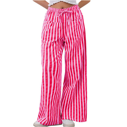 🍒Gestreepte wye been broek hoë middellyf elastiese broek trekkoord wye been broek sakkerige onderdele vroue gemaklike hoëstraat klere met sak Kry 'n lospassende voorkoms in gestreepte los broeke