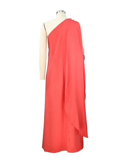 🍒One shoulder outfit plus size holiday dress floor length solid pleated loose fitting occasion wear holiday wear beach fashion women vacation party wear with scarf and side attach detail summer clothing Unleash Some Greech