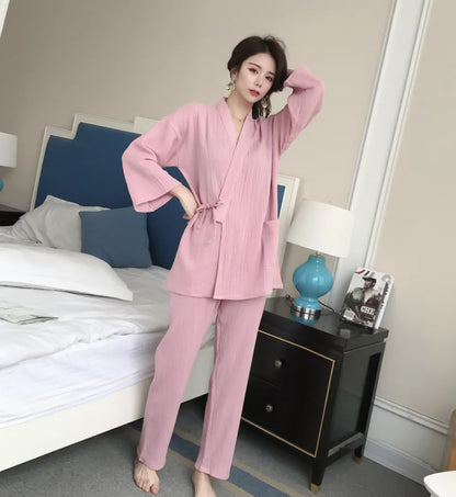🍒Two piece japanese suit cotton crepe pajamas kimono suit lovers 100% cotton crepe pajamas long jacket and trousers set kimono suit sleepwear casual clothing leisure wear Lounge Leisurely